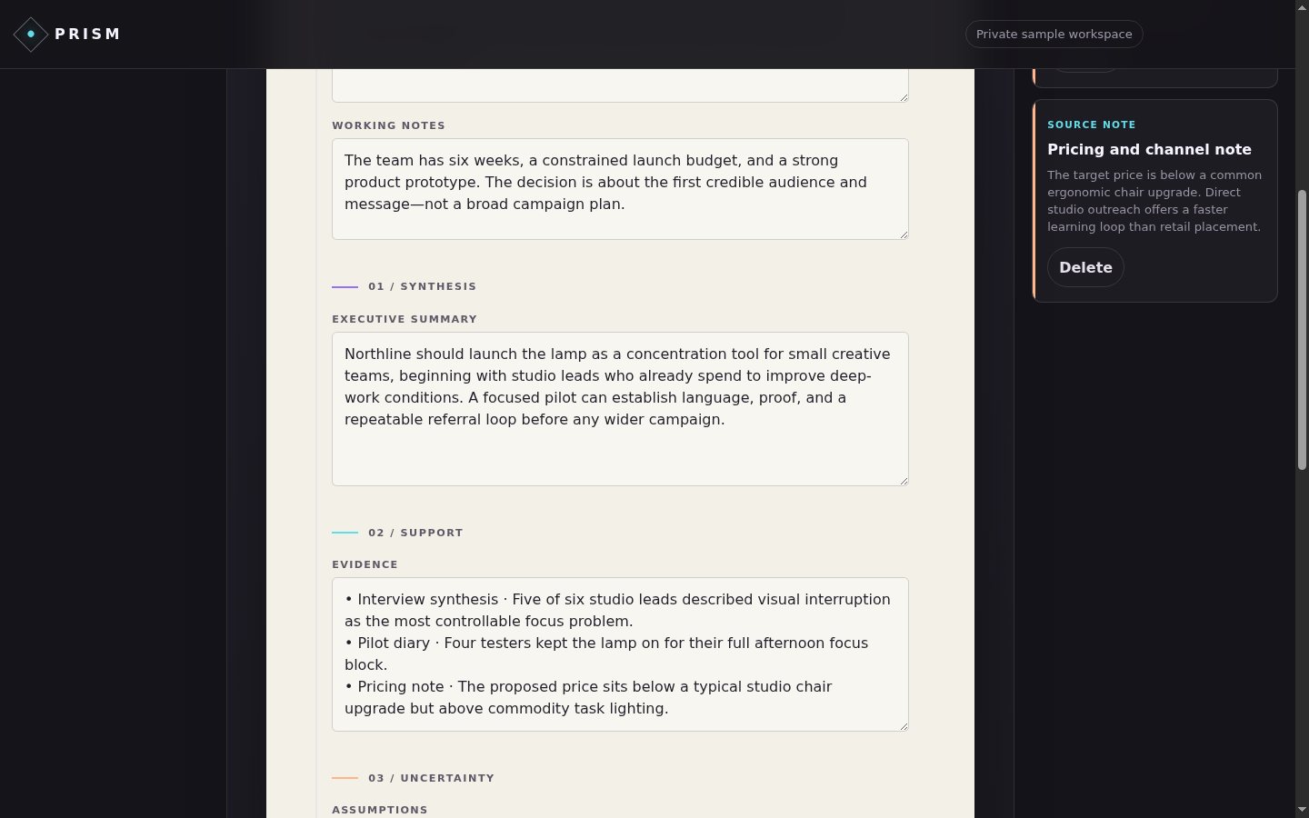 Screenshot of An editable first version in AI brief builder