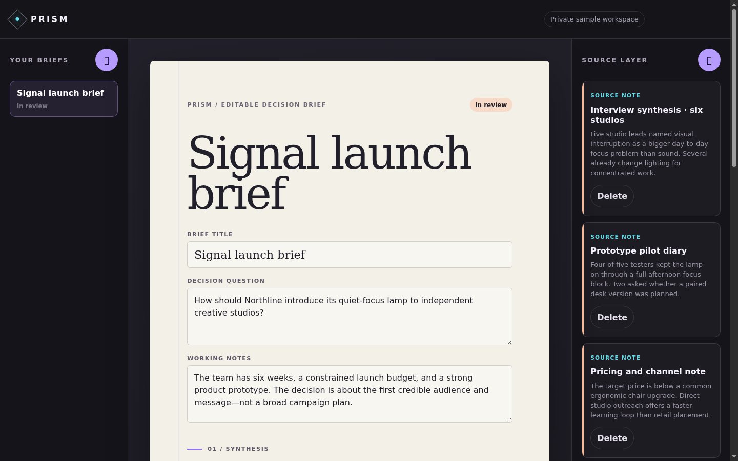 AI brief builder — Source library